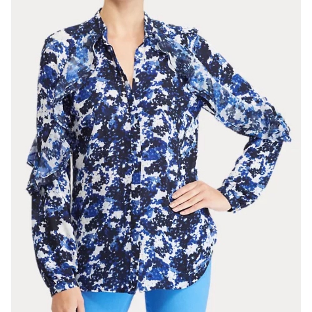 Lauren Ralph Lauren Women's 2X Georgette Floral‎ Ruffle Long Sleeve Blouse Top